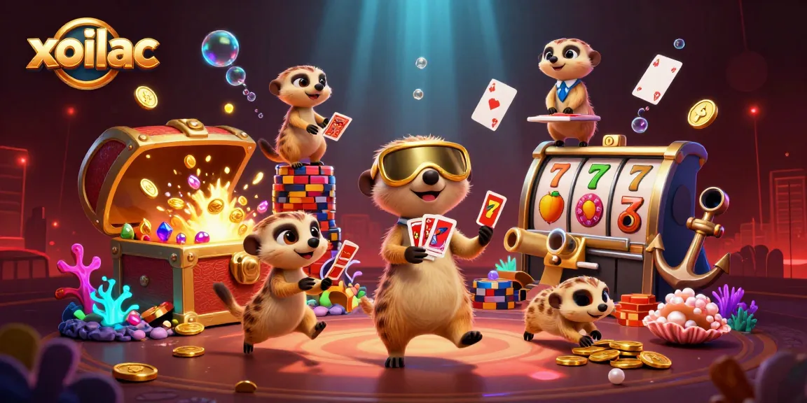Xoilac meerkats run an exquisite casino operation with slot symbols and gold treasures.